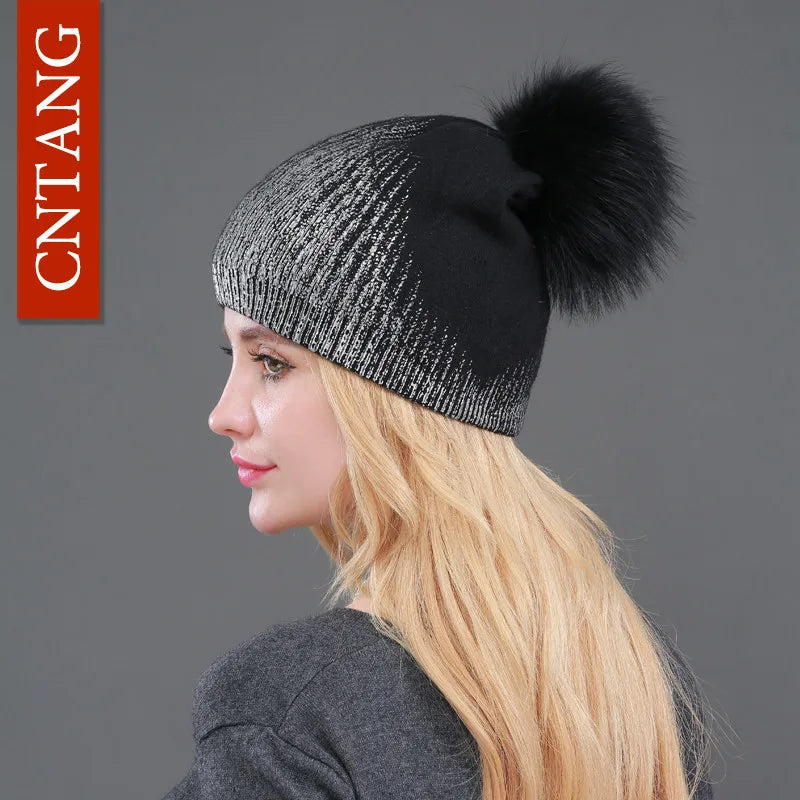 Chunky Knit Women's Hat with Genuine Fur Pom Pom Black Black pompom