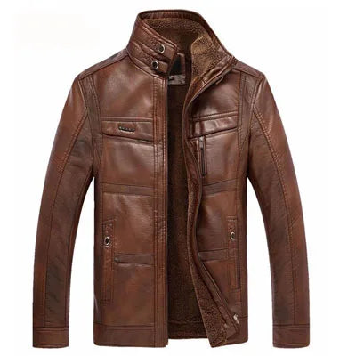 Men's Winter PU Leather Jacket - Thick & Warm Coat Light Coffee