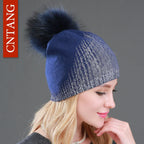 Chunky Knit Women's Hat with Genuine Fur Pom Pom