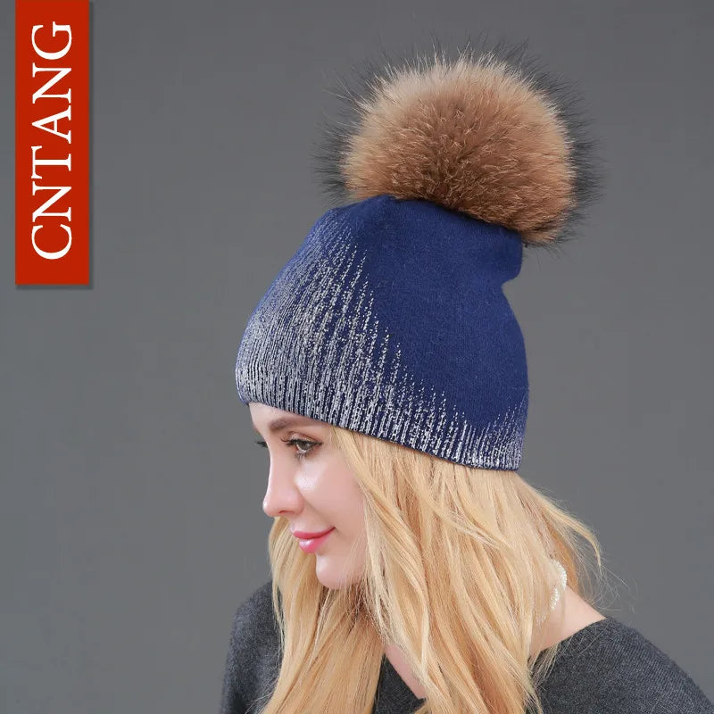 Chunky Knit Women's Hat with Genuine Fur Pom Pom Blue