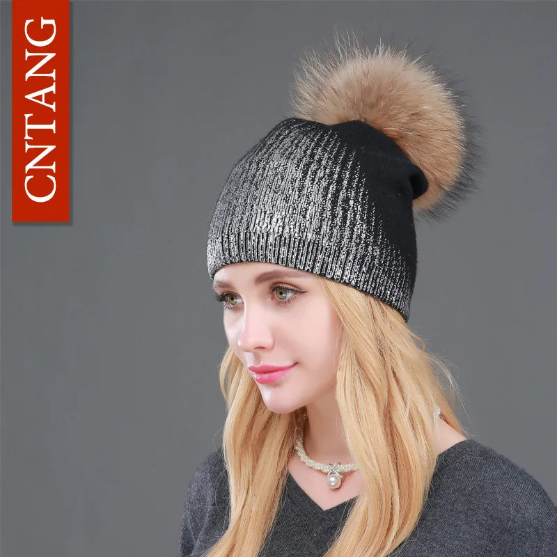 Chunky Knit Women's Hat with Genuine Fur Pom Pom Black