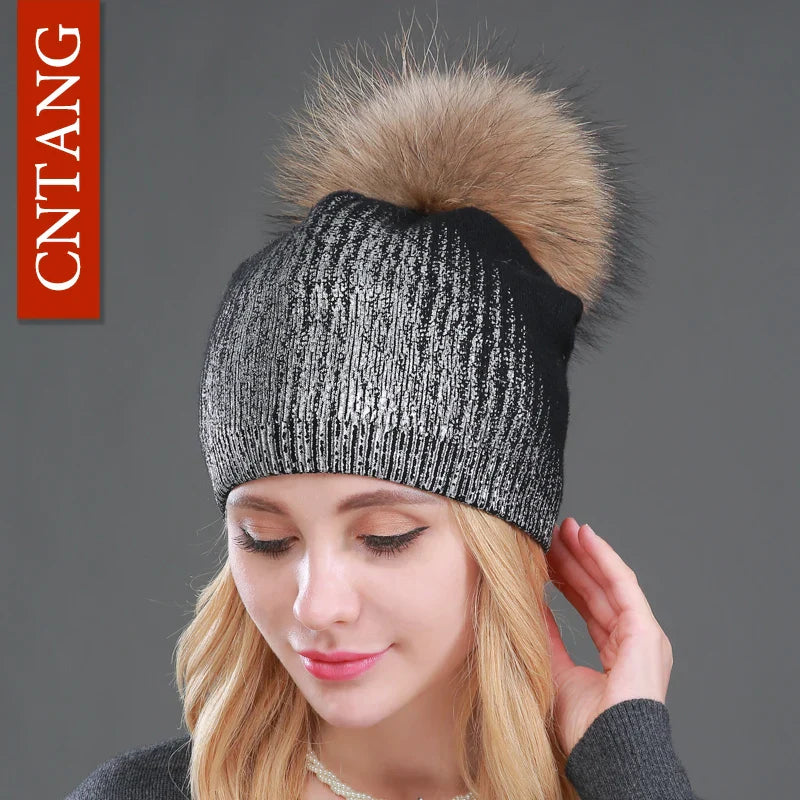 Chunky Knit Women's Hat with Genuine Fur Pom Pom