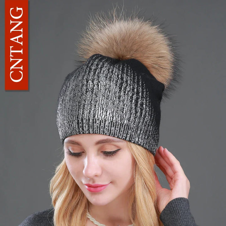 Chunky Knit Women's Hat with Genuine Fur Pom Pom-MODAUTLET