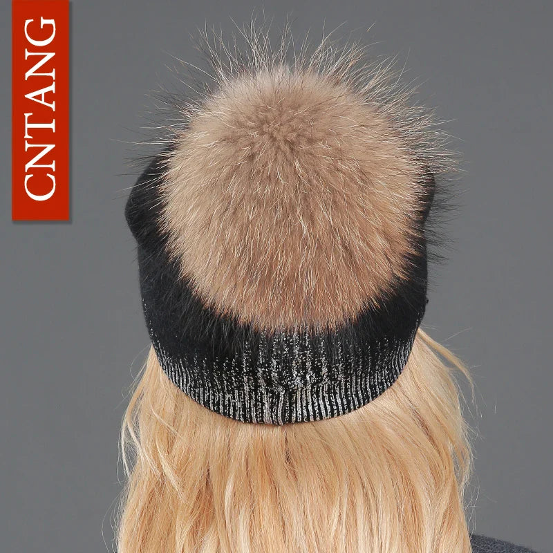Chunky Knit Women's Hat with Genuine Fur Pom Pom