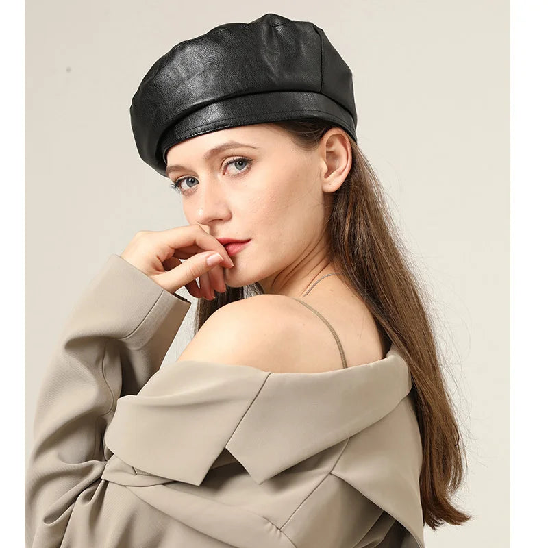 Stylish Unisex Artificial Leather Beret Cap - Trendy Bucket & Beret Hybrid-MODAUTLET