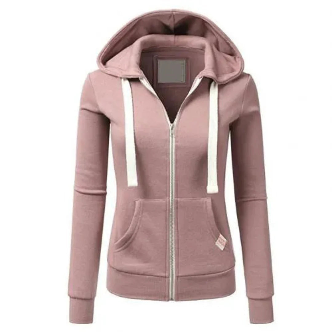 Slim-Fit Drawstring Zip-Up Hoodie Pink
