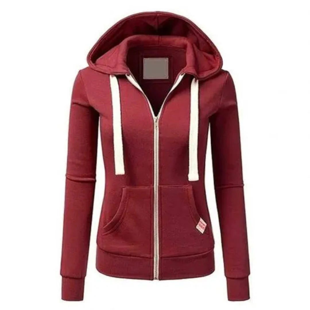 Slim-Fit Drawstring Zip-Up Hoodie Red