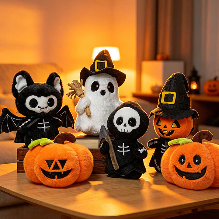 Halloween's Soft Plush Characters with Embroidered Faces and Designs