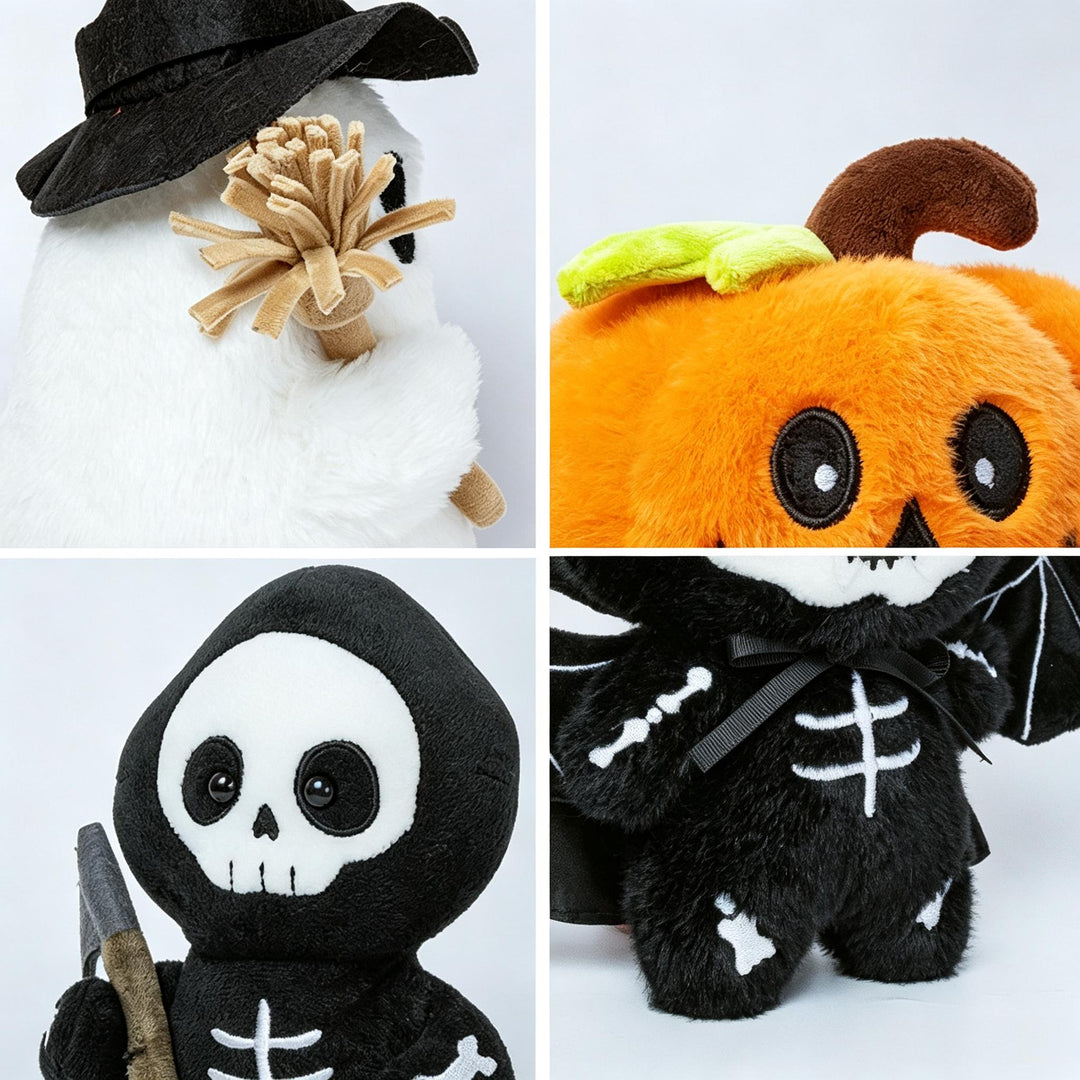 Halloween's Soft Plush Characters with Embroidered Faces and Designs