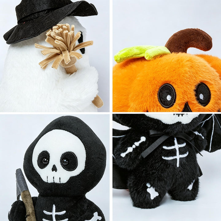 Halloween's Soft Plush Characters with Embroidered Faces and Designs