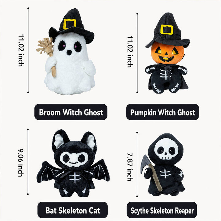 Halloween's Soft Plush Characters with Embroidered Faces and Designs