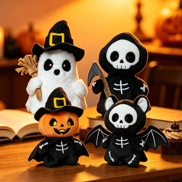Halloween's Soft Plush Characters with Embroidered Faces and Designs