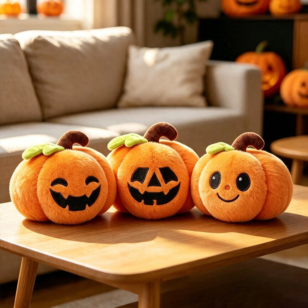 Halloween's Soft Plush Characters with Embroidered Faces and Designs