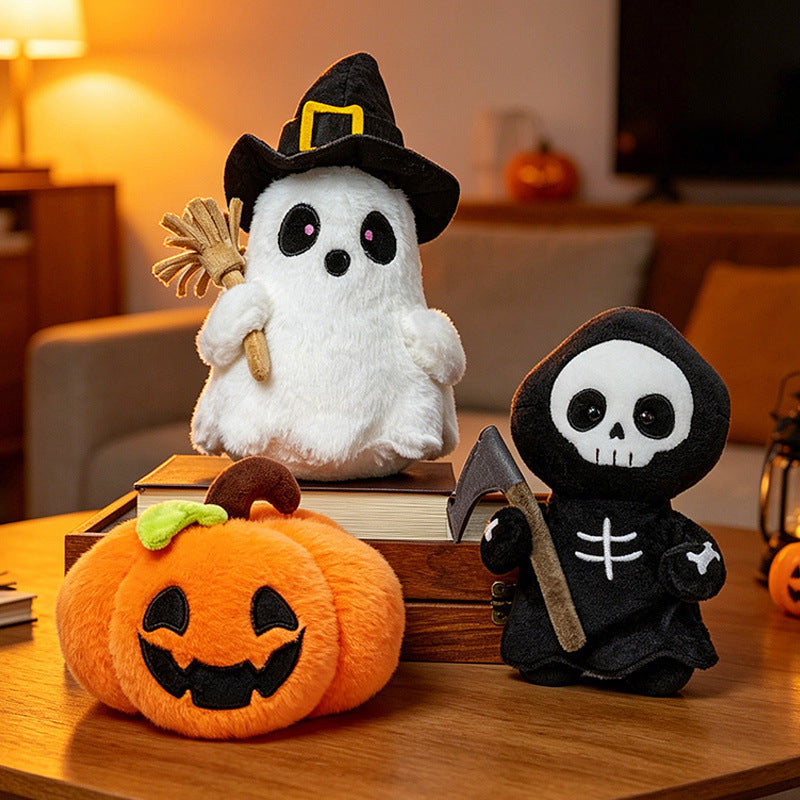 Halloween's Soft Plush Characters with Embroidered Faces and Designs