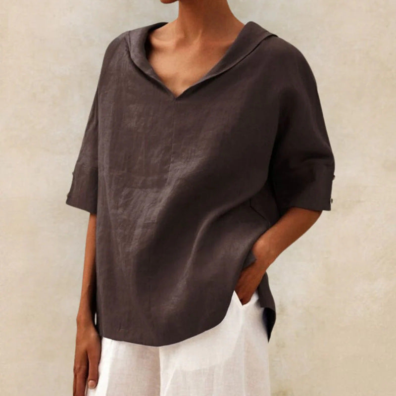 Hannah | Women's Loose Linen V-Neck Top-MODAUTLET
