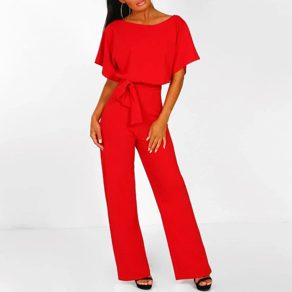 Hannah | Women's Pleated Neckline Jumpsuit with Belt-MODAUTLET