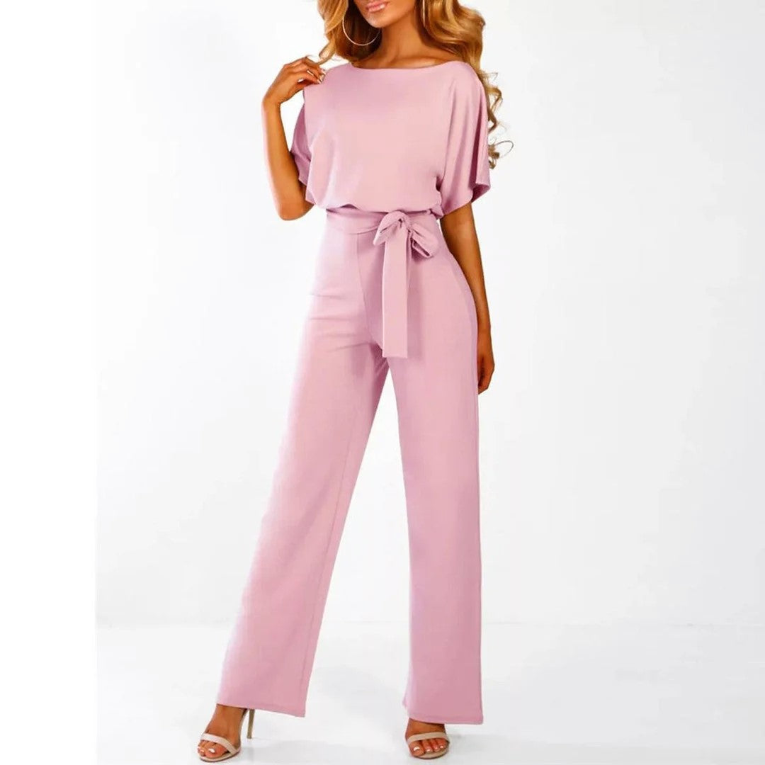 Hannah | Women's Pleated Neckline Jumpsuit with Belt-MODAUTLET