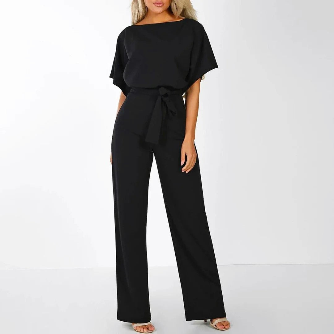 Hannah | Women's Pleated Neckline Jumpsuit with Belt-MODAUTLET