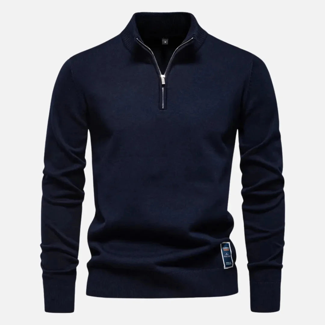 Quarter-Zip Fitted Sweater for Men Navy Blue