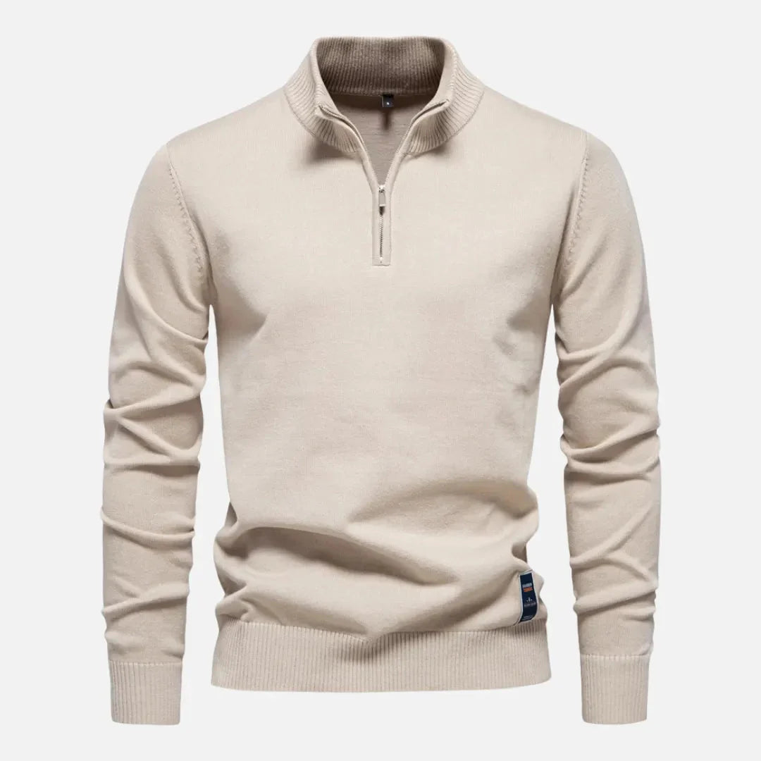Quarter-Zip Fitted Sweater for Men Beige