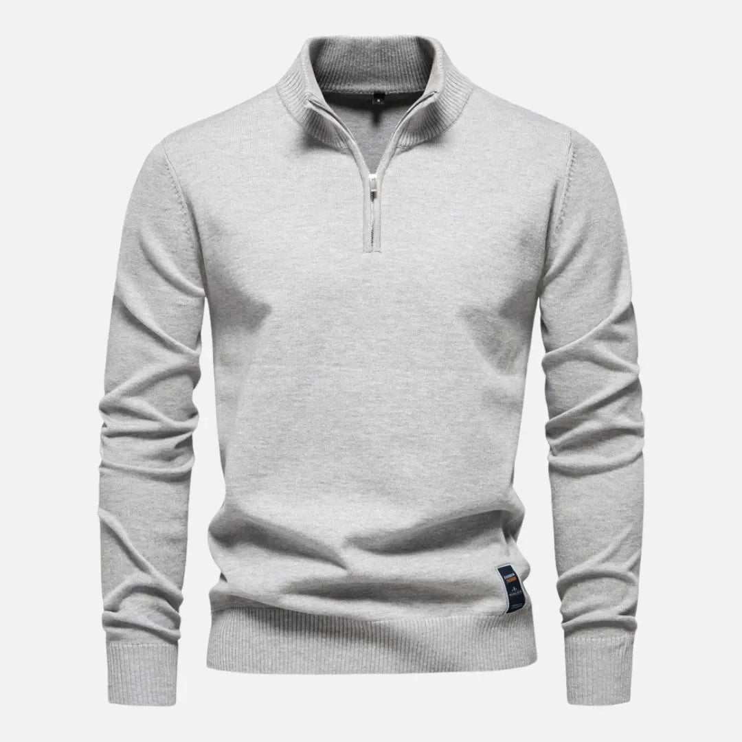 Quarter-Zip Fitted Sweater for Men Light Gray