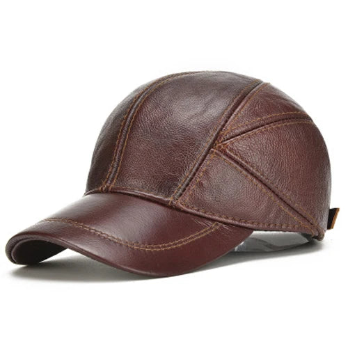 Authentic Leather Earflap Baseball Cap – Warm Cowhide for Winter Red Brown Adjustable
