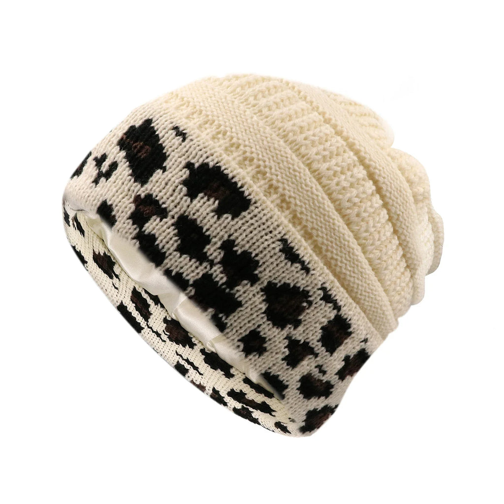 Silk-Satin Lined Chunky Knit Beanie for Women Beige leopard
