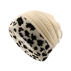 Silk-Satin Lined Chunky Knit Beanie for Women Beige leopard