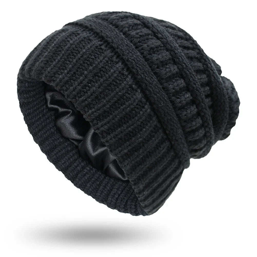 Silk-Satin Lined Chunky Knit Beanie for Women Black