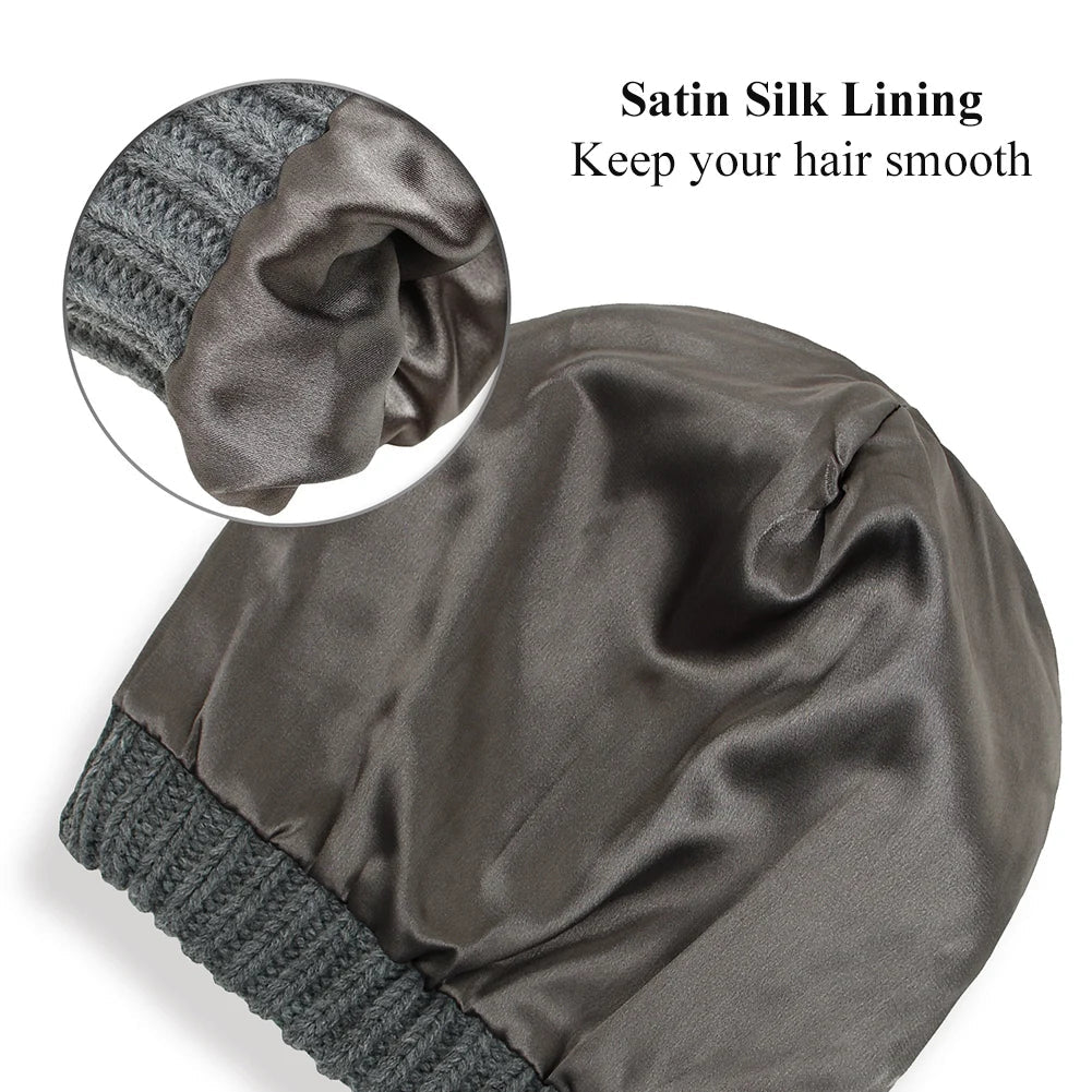 Silk-Satin Lined Chunky Knit Beanie for Women