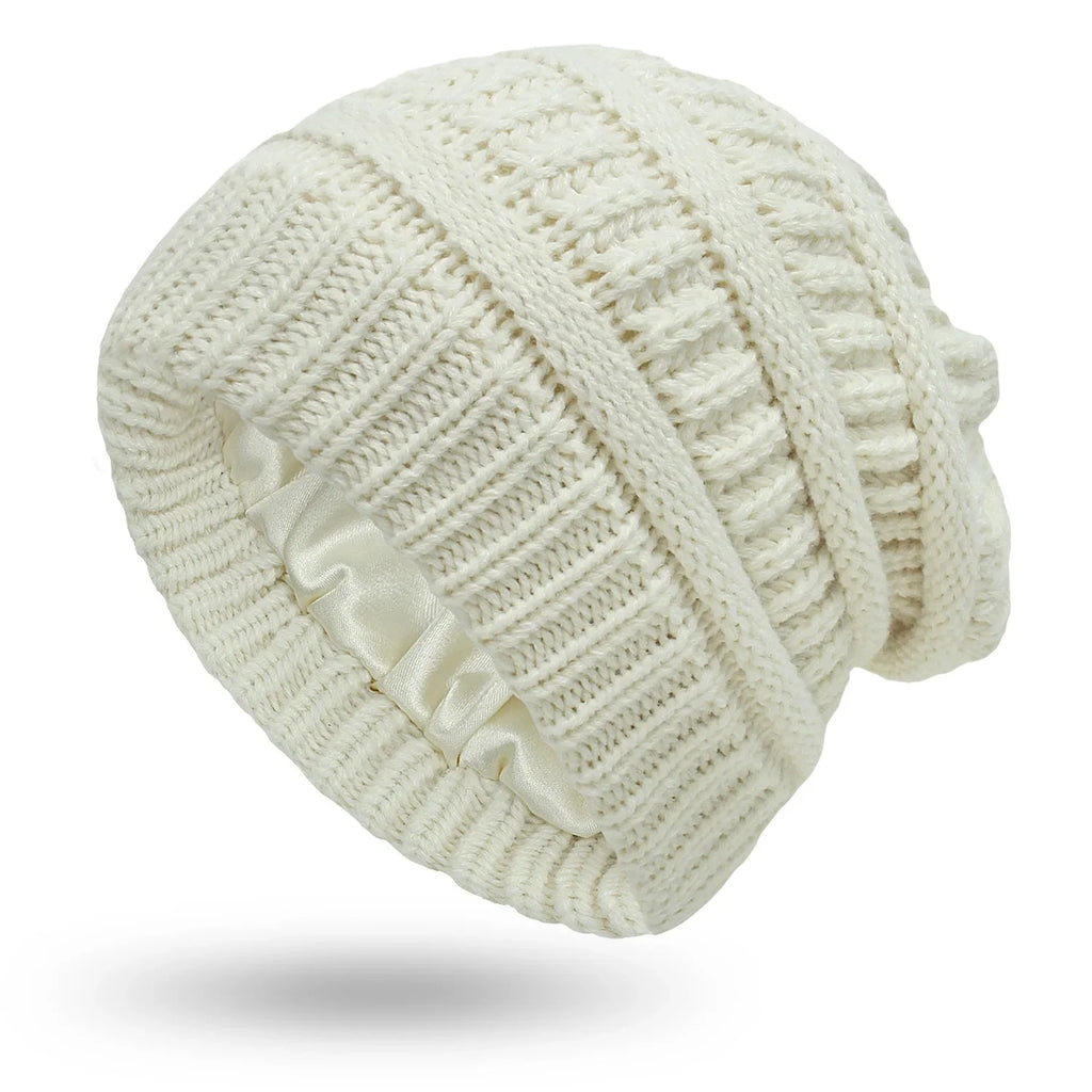 Silk-Satin Lined Chunky Knit Beanie for Women White