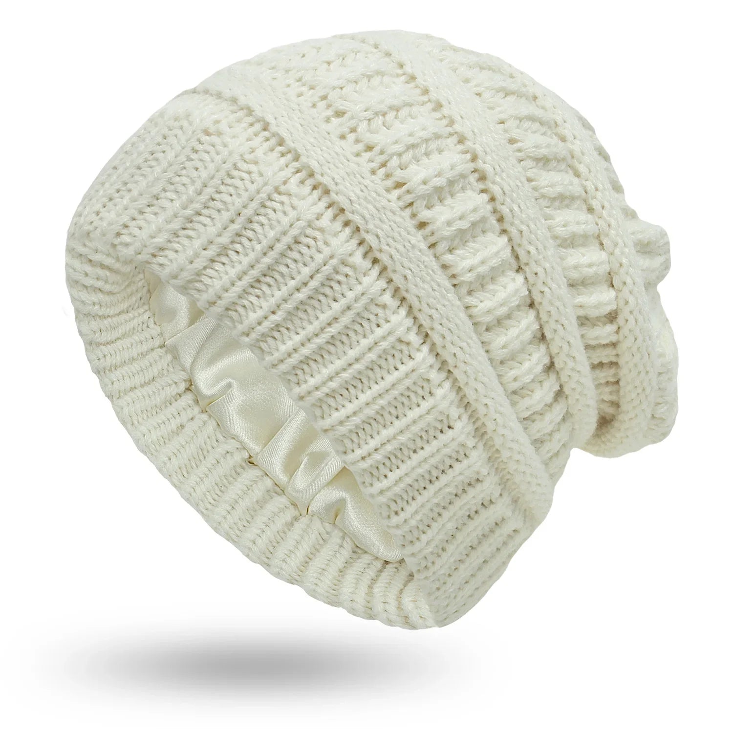 Silk-Satin Lined Chunky Knit Beanie for Women White