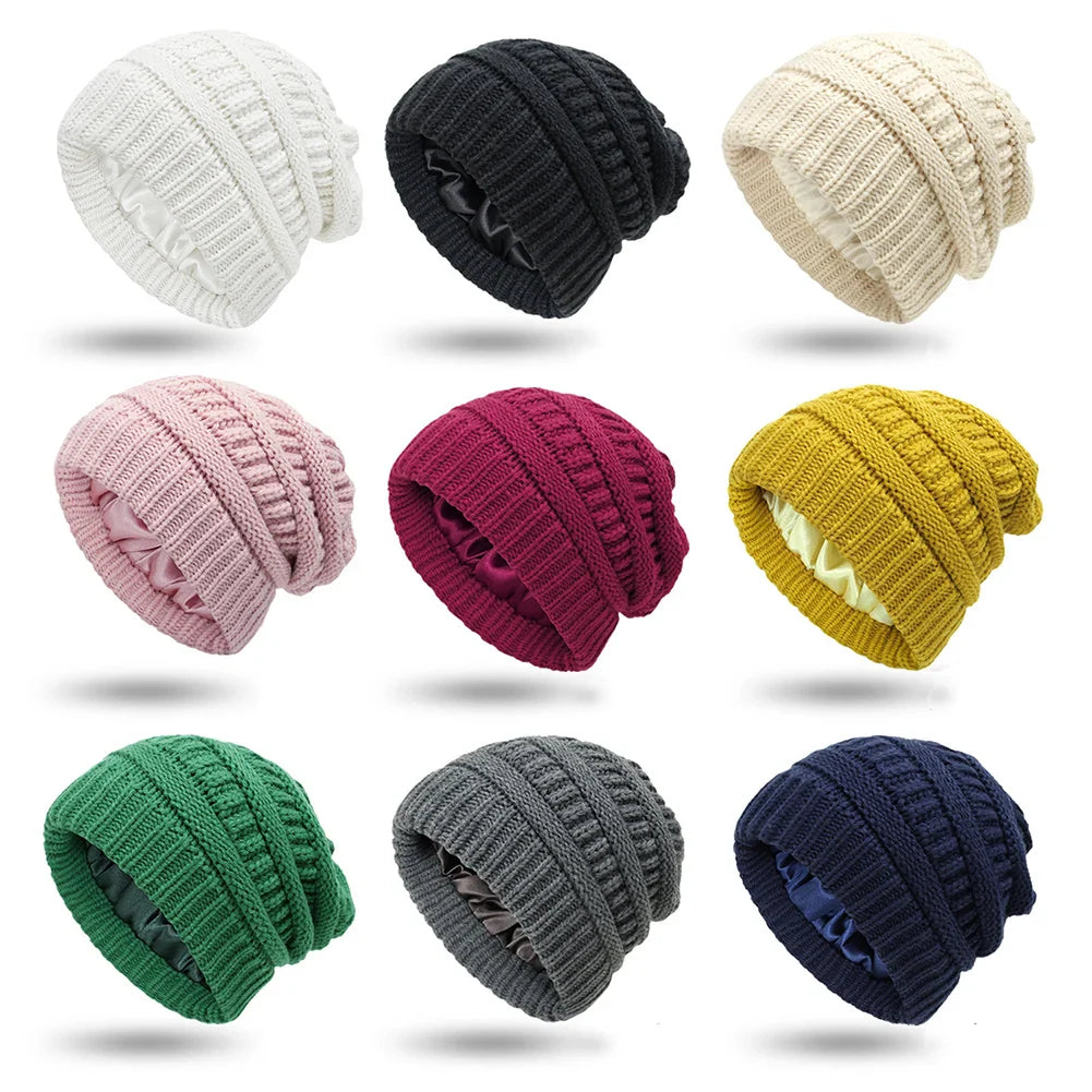 Silk-Satin Lined Chunky Knit Beanie for Women