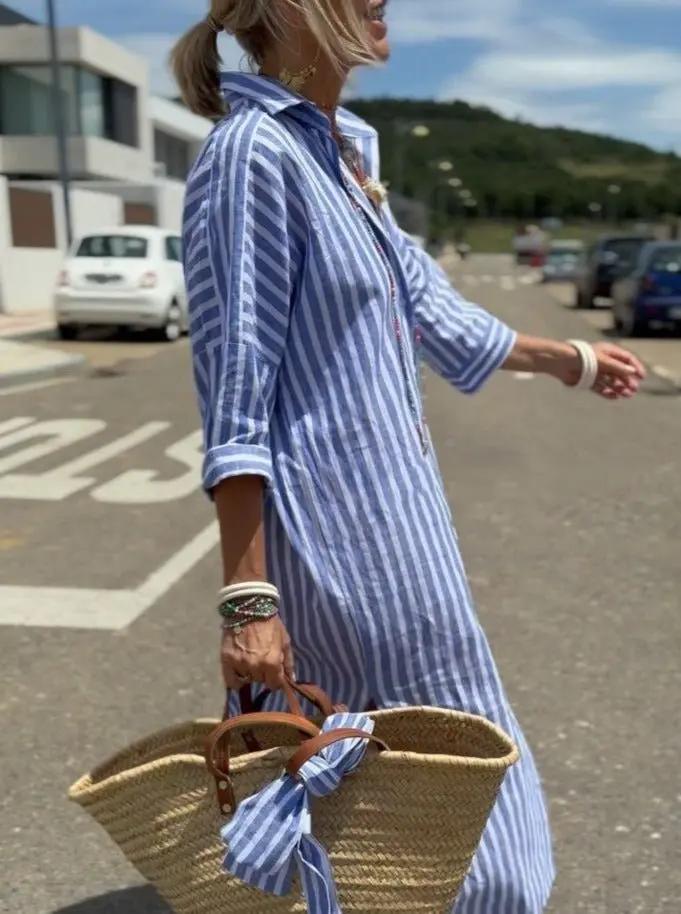 Women's High-Low Striped Shirt Dress – Stylish & Versatile-MODAUTLET
