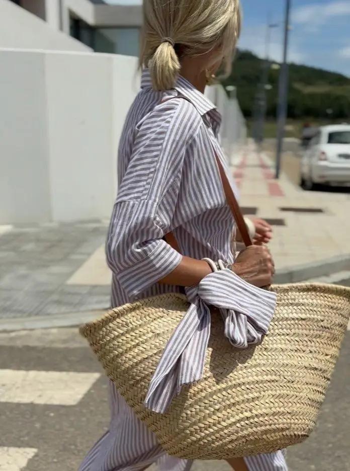Women's High-Low Striped Shirt Dress – Stylish & Versatile-MODAUTLET