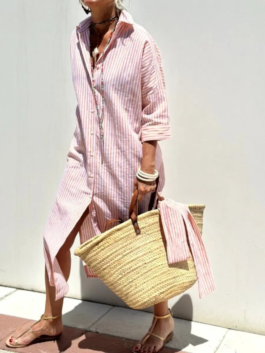Women's High-Low Striped Shirt Dress – Stylish & Versatile Pink