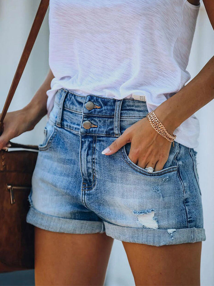 Women's High Rise Double Button Cuffed Distressed Denim Shorts