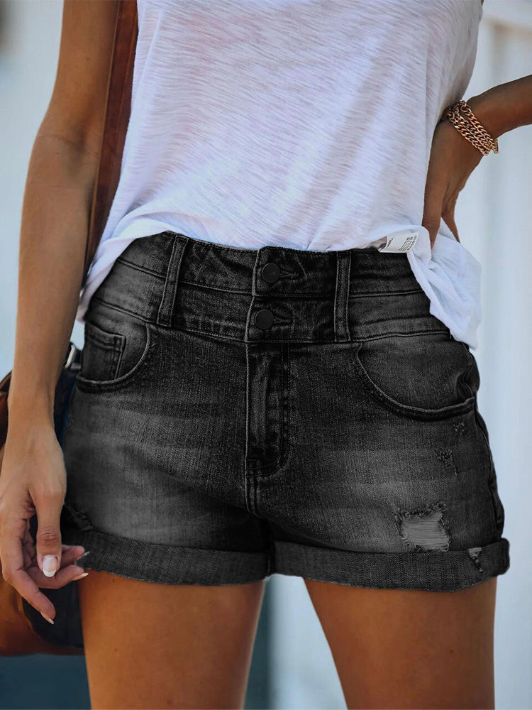 Women's High Rise Double Button Cuffed Distressed Denim Shorts