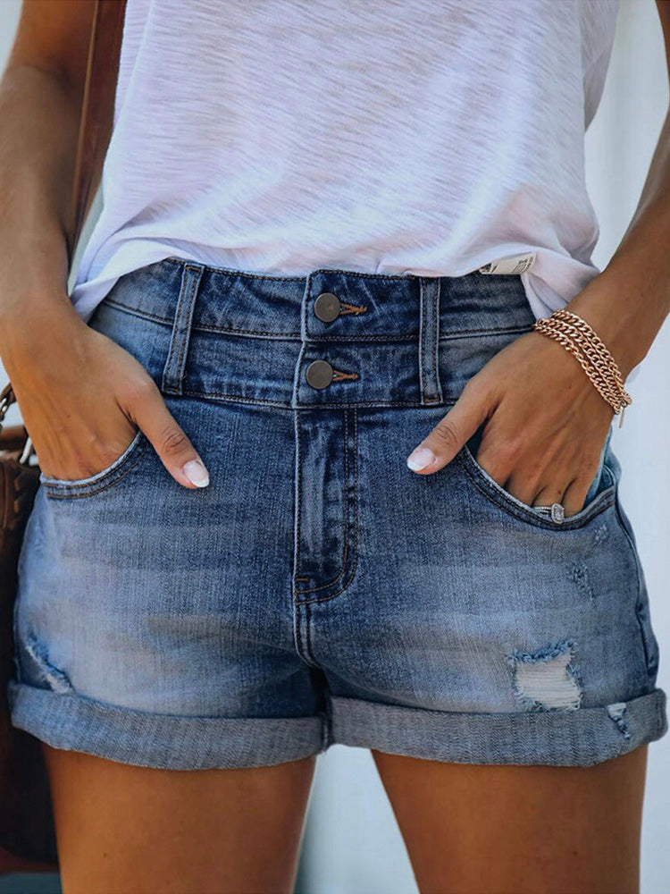 Women's High Rise Double Button Cuffed Distressed Denim Shorts