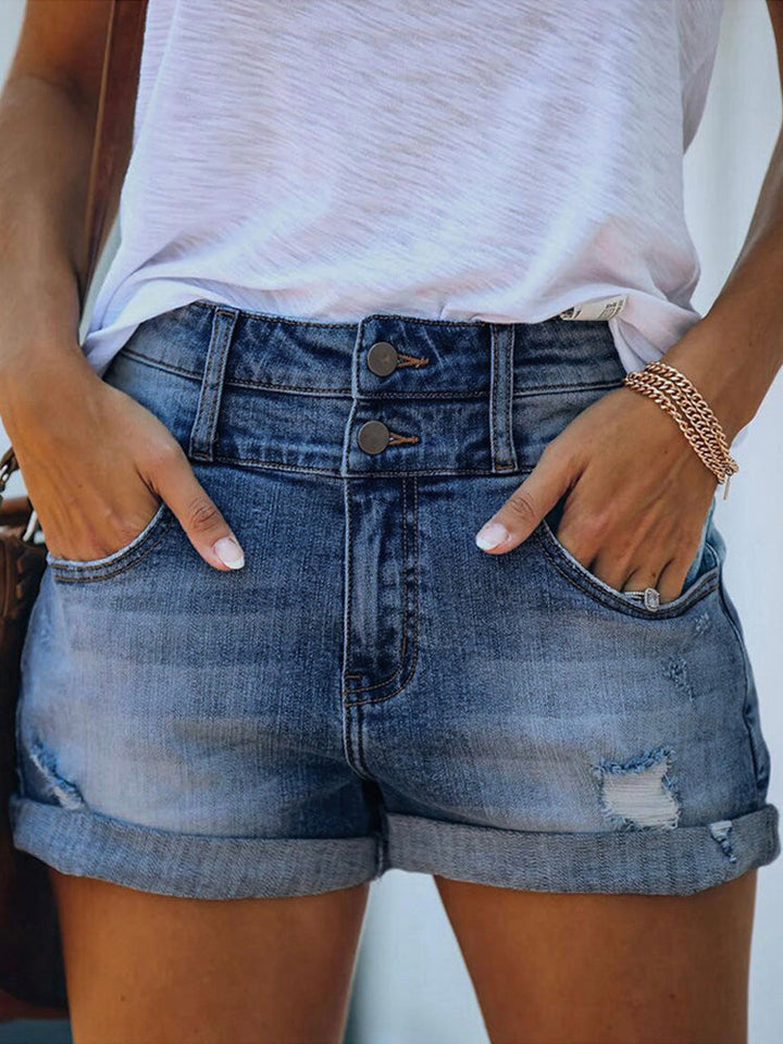 Women's High Rise Double Button Cuffed Distressed Denim Shorts