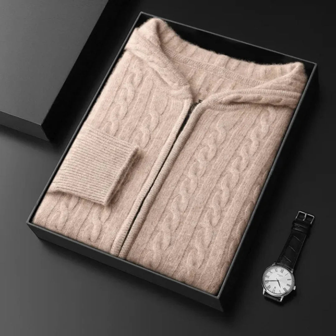 Hooded Cable Knit Wool Sweater Beige