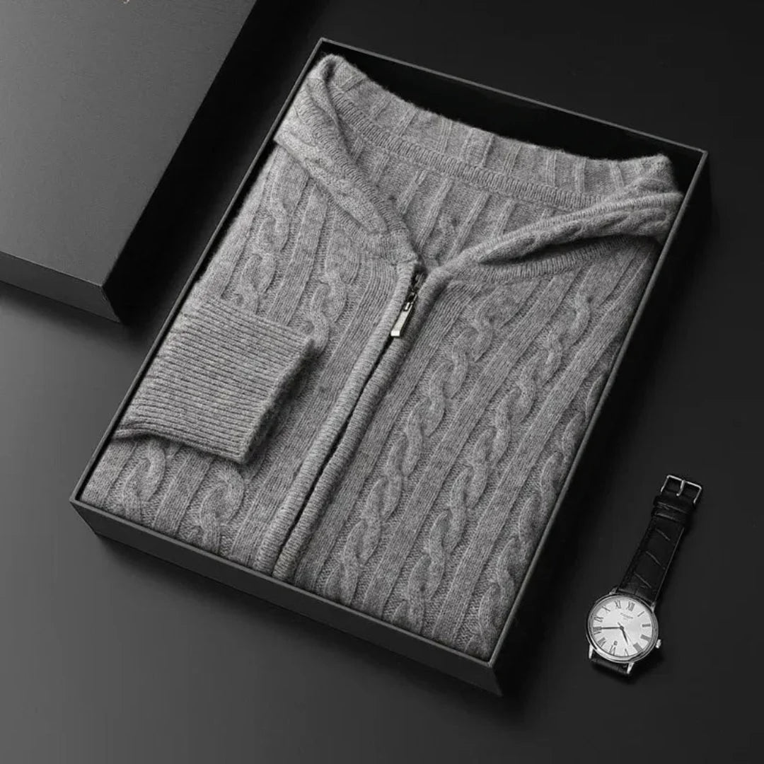 Hooded Cable Knit Wool Sweater Gray