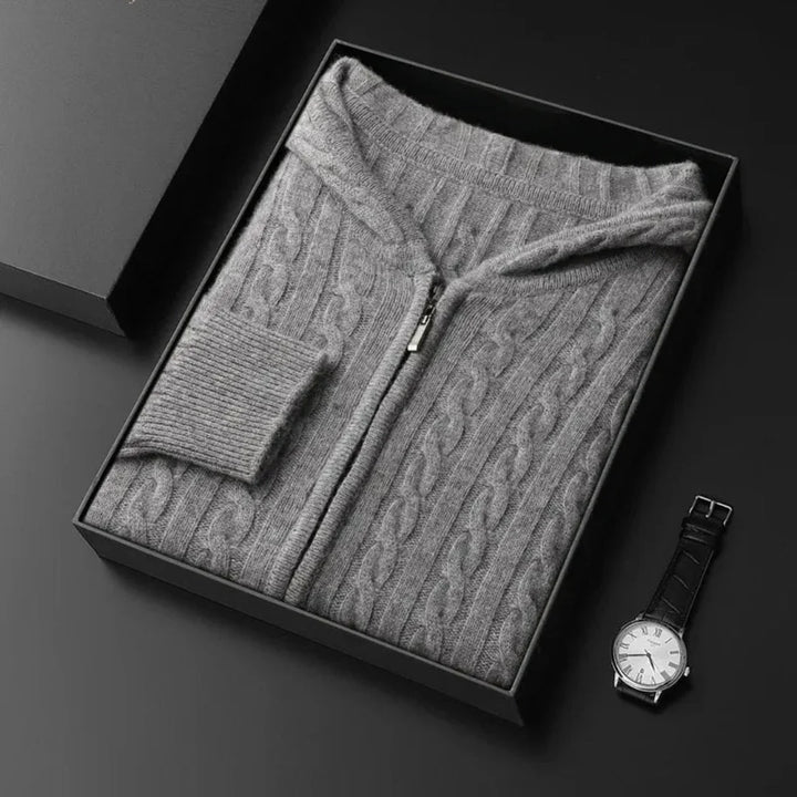Hooded Cable Knit Wool Sweater Gray
