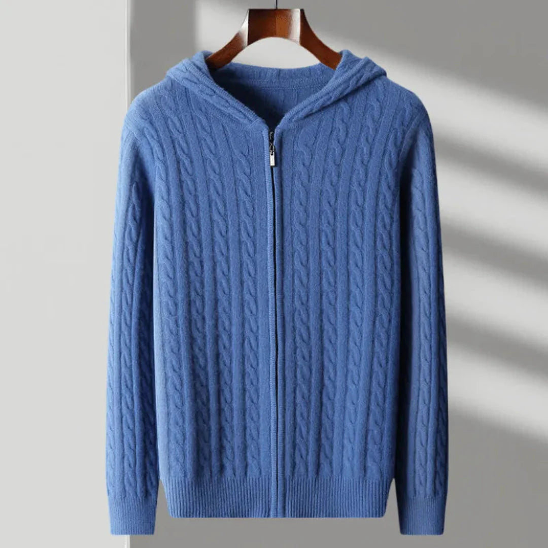 Hooded Cable Knit Wool Sweater
