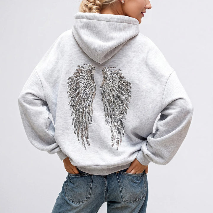 Hooded Sweatshirt with Rhinestone Wing Design-MODAUTLET