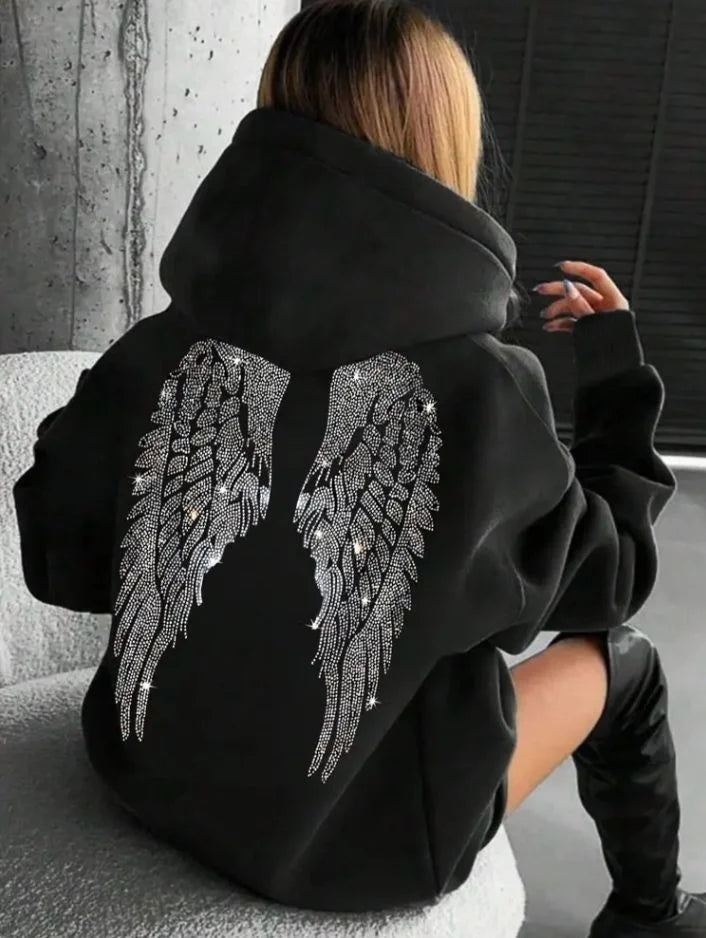 Hooded Sweatshirt with Rhinestone Wing Design-MODAUTLET