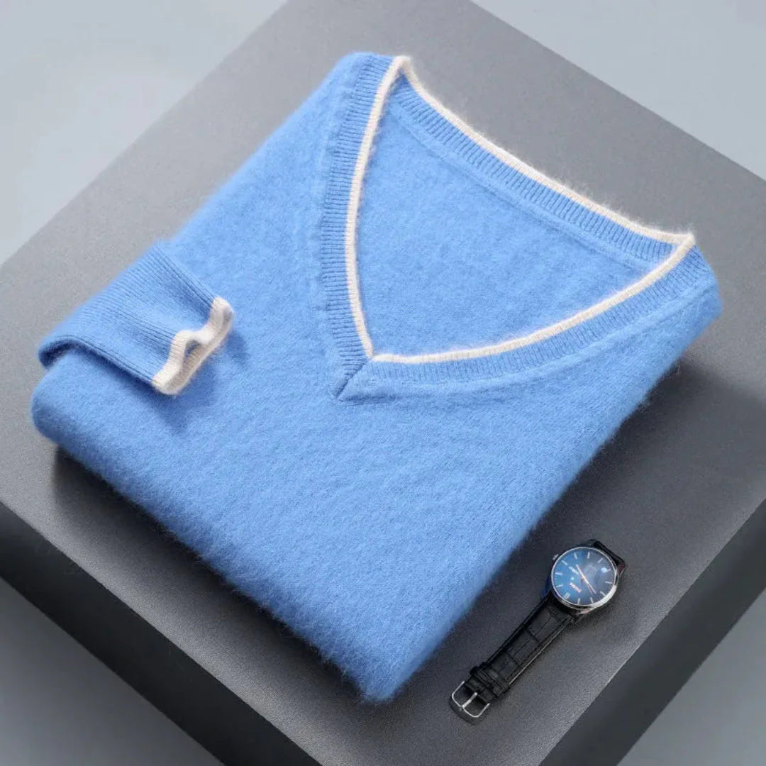 Luxurious Mink Cashmere V-Neck Sweater Sky Blue