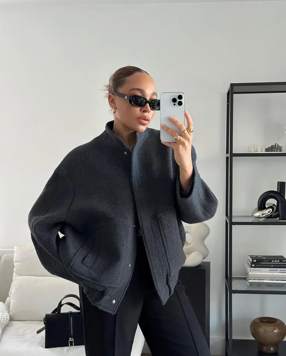 Womens Oversized Tweed Bomber Jacket Cozy Autumn Style Dark Gray