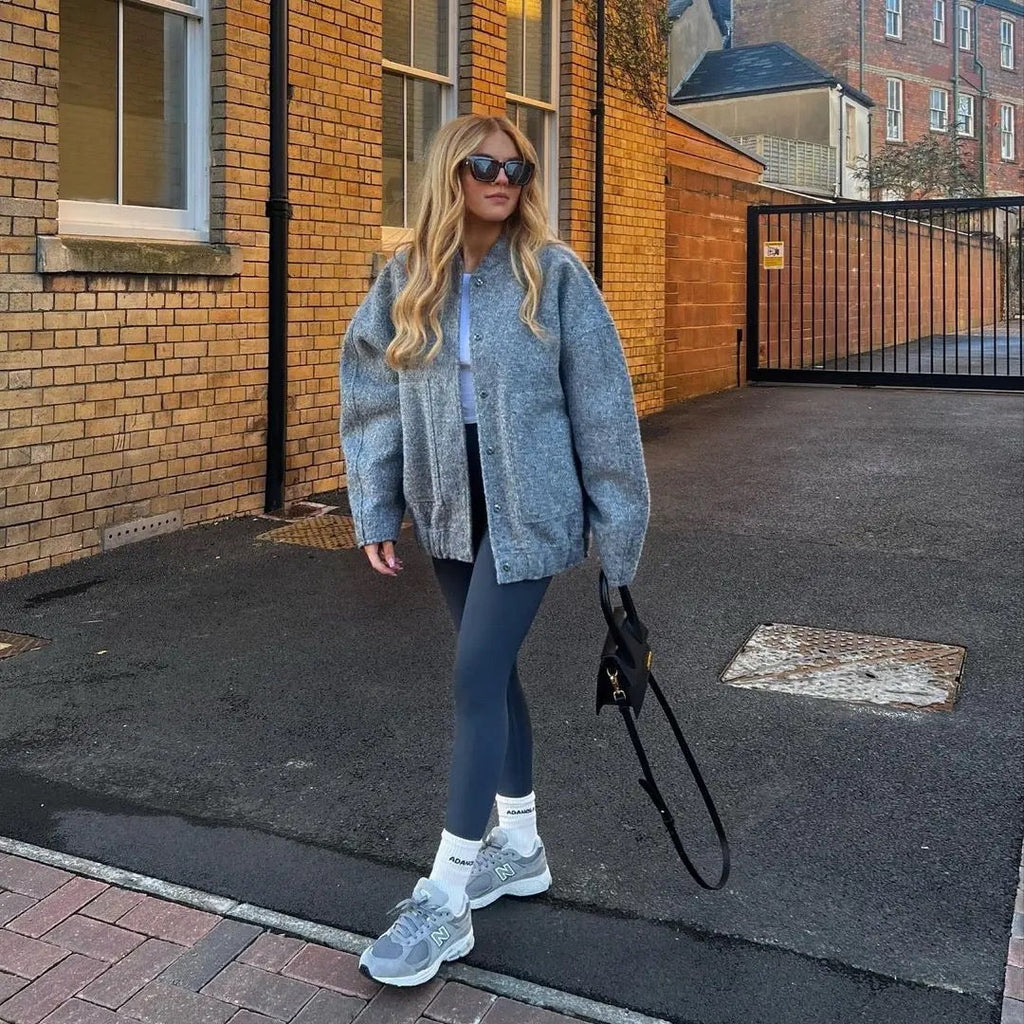 Womens Oversized Tweed Bomber Jacket Cozy Autumn Style