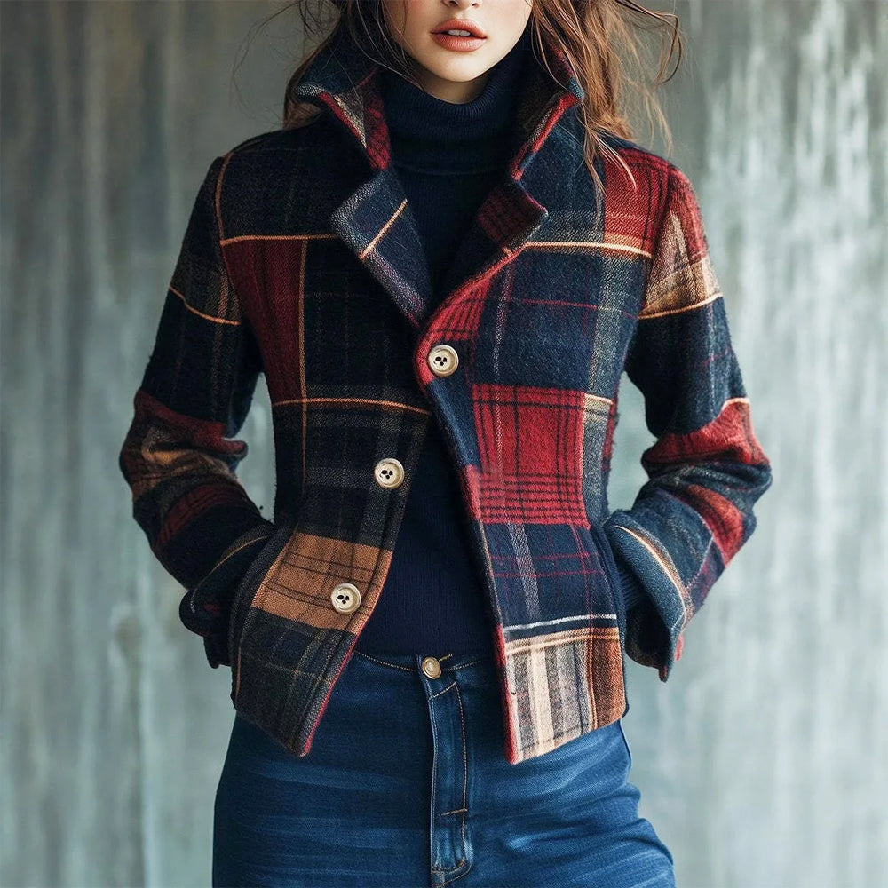 Women's Vintage Plaid Button-Up Short Coat in Ivory